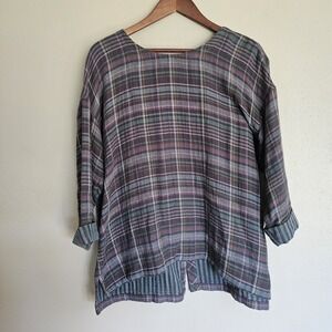 J. Jill Blouse  Womens M Gray Plaid Round Neck‎ Button Up Back Cotton